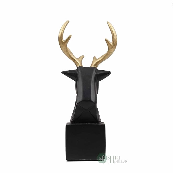 Indicast 8" Inch Resin Statue Deer Head, Geometric Animal Head Sculpture on Base | Black