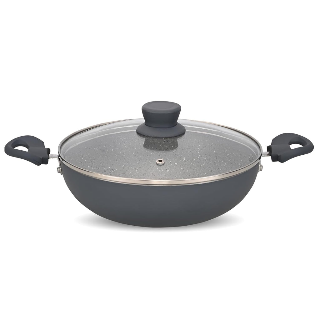 NAVRANG Cookware Aluminium Kadhai 22cm with Glass Lid