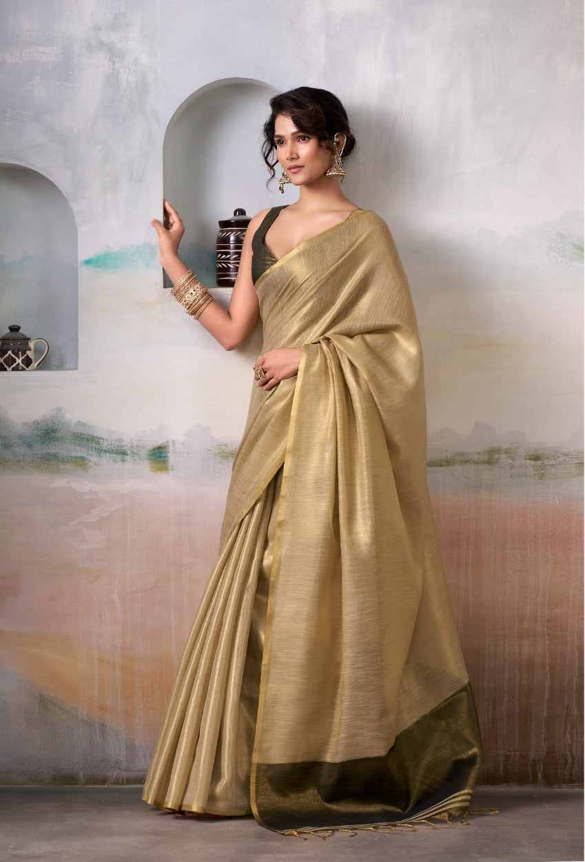 Anaita Beige Handloom Tissue Silk Self Woven Plain Saree