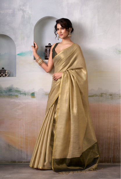 Anaita Beige Handloom Tissue Silk Self Woven Plain Saree