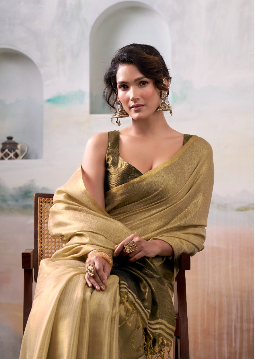Anaita Beige Handloom Tissue Silk Self Woven Plain Saree