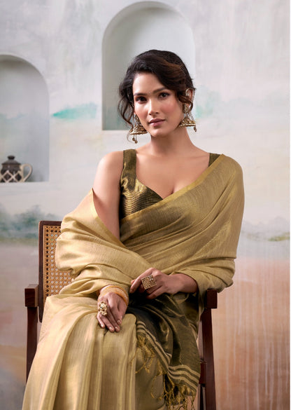 Anaita Beige Handloom Tissue Silk Self Woven Plain Saree