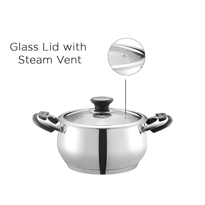 Vinod Durban Stainless Steel Saucepot Handi with Glass Lid - 2.7 Litre, 18 cm | Stylish Durable Handles