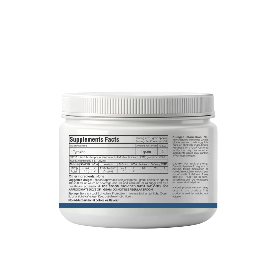 Trexgenics L-TYROSINE PURE POWDER USP grade Neurotransmitter production, Cognitive Function, Focus, Attention, Memory, Stress Support (100 gram)