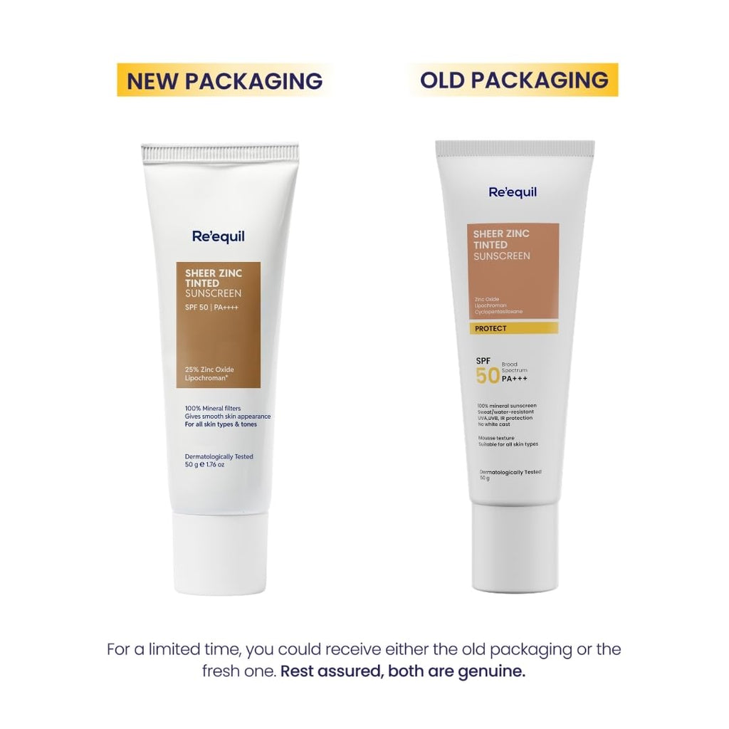 RE' EQUIL Sheer Zinc Tinted Sunscreen, 100% Mineral-Based Sunscreen UVA, UBV, & IR Protection, Water Resistant With SPF 50 PA+++ For All Skin Types, 50g