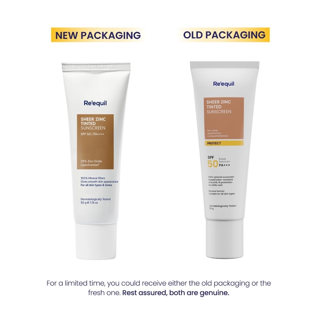 RE' EQUIL Sheer Zinc Tinted Sunscreen, 100% Mineral-Based Sunscreen UVA, UBV, & IR Protection, Water Resistant With SPF 50 PA+++ For All Skin Types, 50g