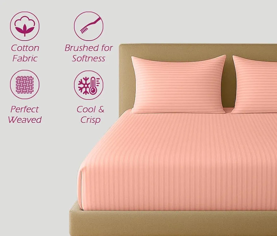 Trance Home Linen 100% Cotton 78x72 inch King Fitted 200TC Satin Stripe Elastic Fitted Bedsheet with 2 Pillow Covers Colour Peach