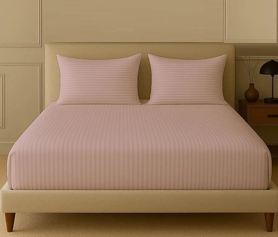 Trance Home Linen 100% Cotton 78x72 inch King Fitted 200TC Satin Stripe Elastic Fitted Bedsheet Fitted Bedspread with 2 Pillow Covers 78"x72" | 6.5x6 feet Colour Cameo Rose