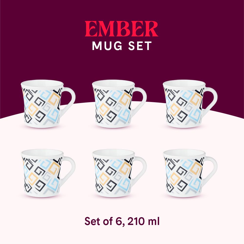 Larah by Borosil Crysta Series Ember Opalware Mug | Set of 6 Tea/coffee Mugs | 210 Ml Each