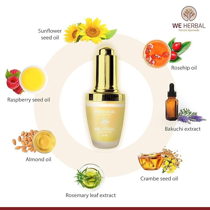WE HERBAL Bakuchiol Anti-Ageing Serum 10ml, Natural Retinol Alternative with Rosehip & Almond Oil, Targets Acne-Causing Bacteria, Reduces Pimples, Fine Lines & Dark Spots, No Chemicals or Fragrance