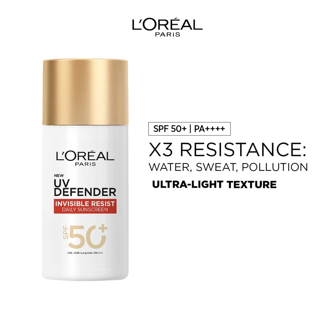 L'Oreal Paris Uv Defender Invisible Resist Daily Sunscreen Spf50+ Pa++++ 50Ml |All Skin Lightweight, Waterproof, Sweatproof & Protects From Pollution & Dust