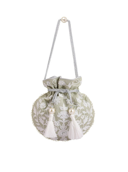 Masq Green & White Embellished Embroidered Potli Clutch