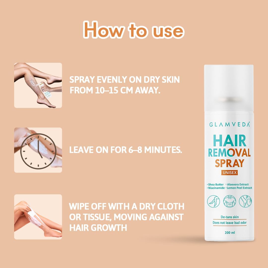 Glamveda Hair Removal Spray with Aloe Vera Extract | Painless Body Hair Remover for Men & Women | Helps Leave Skin Soft & Smooth | Suitable for Chest, Arms, Legs & Underarms | 200 ml