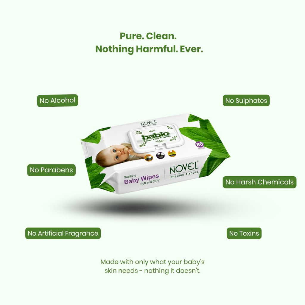 Novel Baby Wet Wipes 80 Wipes x Pack of 3 (240 Wipes) | Aloe Vera, Chamomile, Vitamin E Enriched | pH Balanced, Alcohol, Hypoallergenic & Paraben-Free | Soft Gentle Baby Wipes with Lid