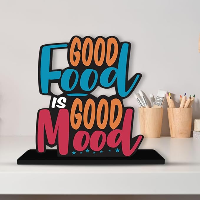 Artvibes Wooden Idols and Figurine Good Food is Good Mood Restaurant Cafe Quotes Table Decoration for Office Desk | Home Decor