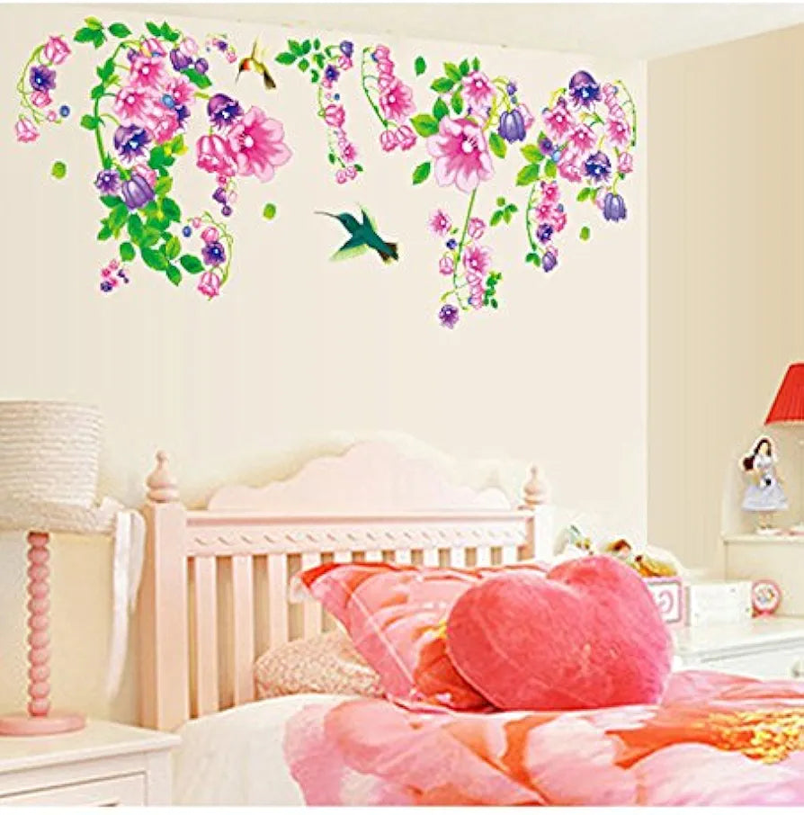 Decals Design Beautiful Bell Flowers and Humming Birds Wall Sticker