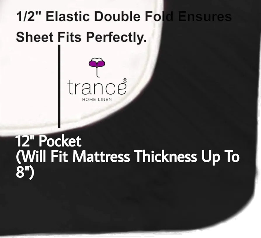 Trance Home Linen 100% Cotton 78x60 inch Queen Elastic Fitted Bedsheet 400TC Premium Queen Double Bed Size with 2 Pillow Covers Colour Black