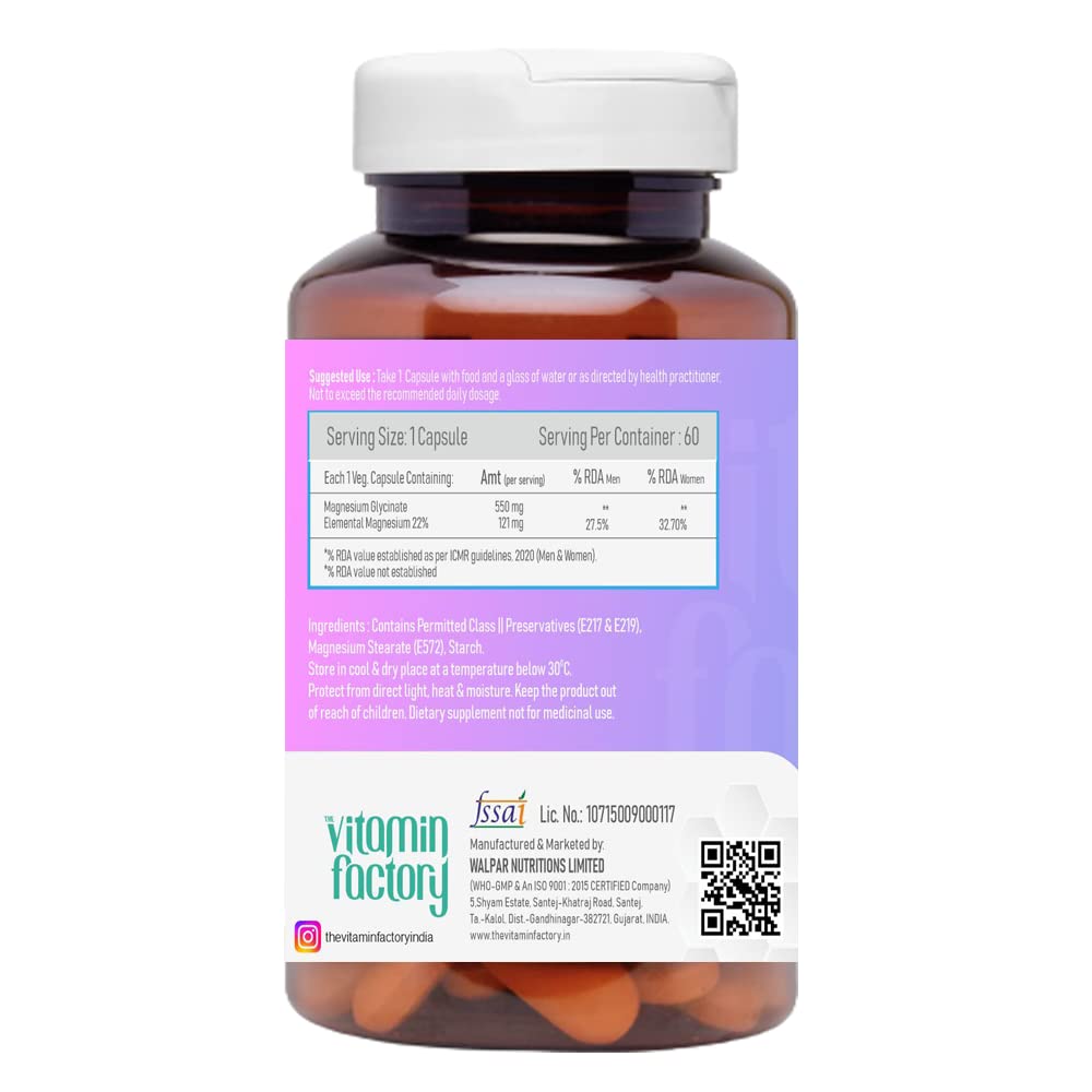 The Vitamin Factory Magnesium Glycinate Supplement - High Absorption Magnesium Supplements For Both Men & Women, Supports Sleep, Muscles & Nerve Health Supplements, 60 Vegetable Capsules