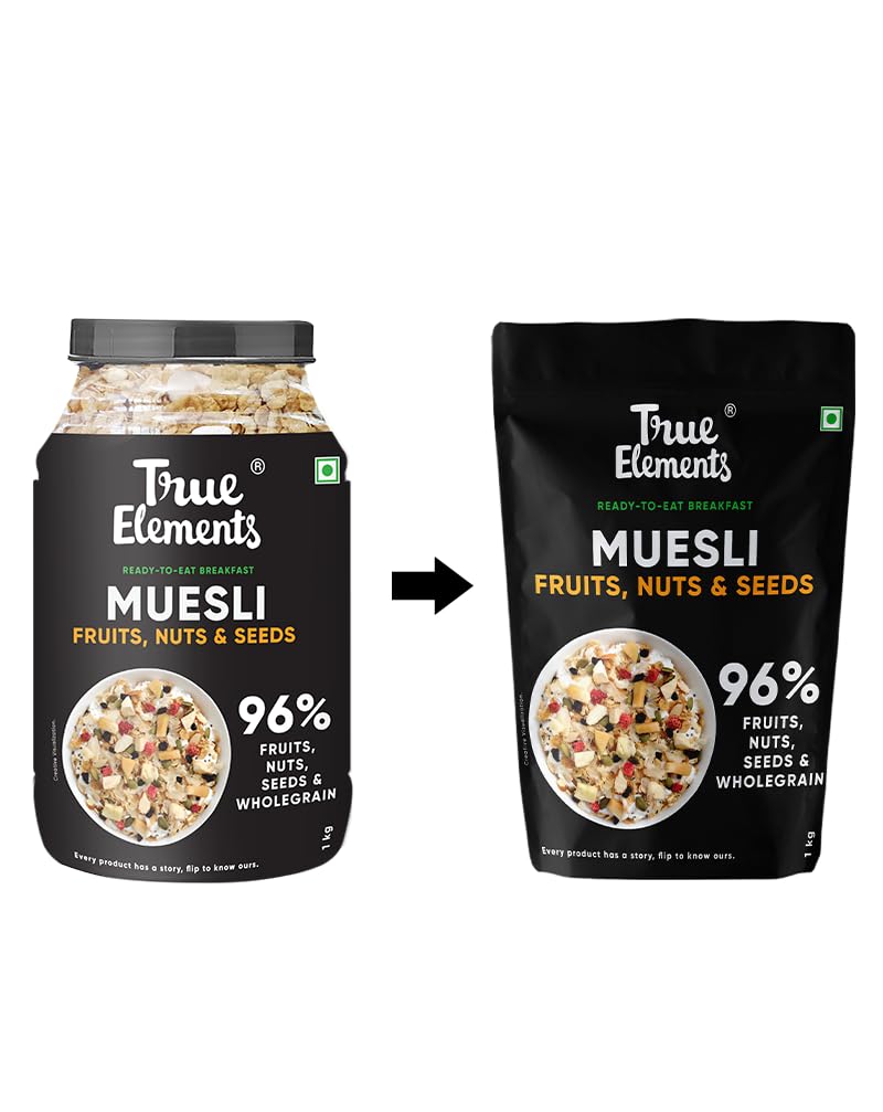 True Elements Muesli Fruit and Nuts 1kg - With Real Fruits & Almonds | 100% Wholegrain Muesli with Oats, Almonds | Real Freeze-dried fruits, Not Candied | Breakfast Cereal | High Fibre & Nutrient-Rich blend