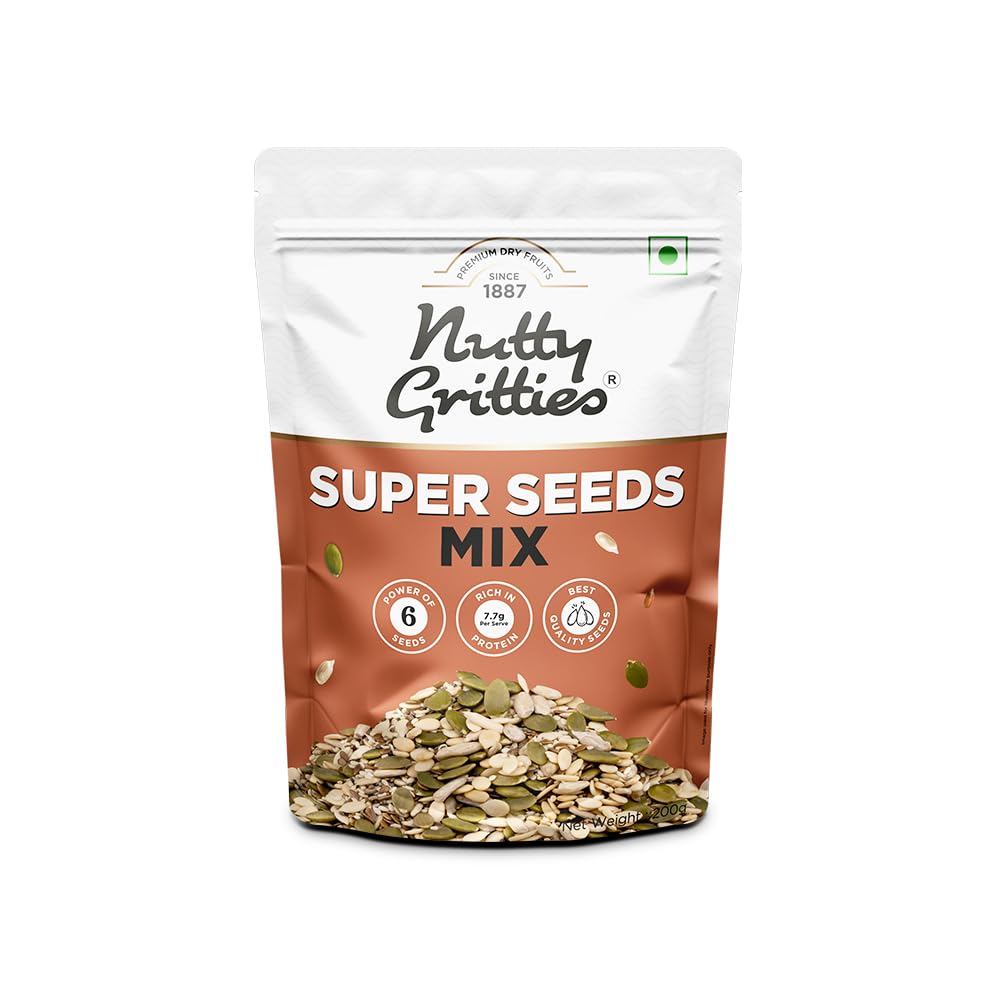 Nutty Gritties Premium Super Seed Trail Mix 200g | 6 Super Seeds in 1 Mix – Flax, Chia, Sesame, Sunflower, Watermelon & Pumpkin | High Protein & Fibre | Healthy Snack | Resealable Pouch