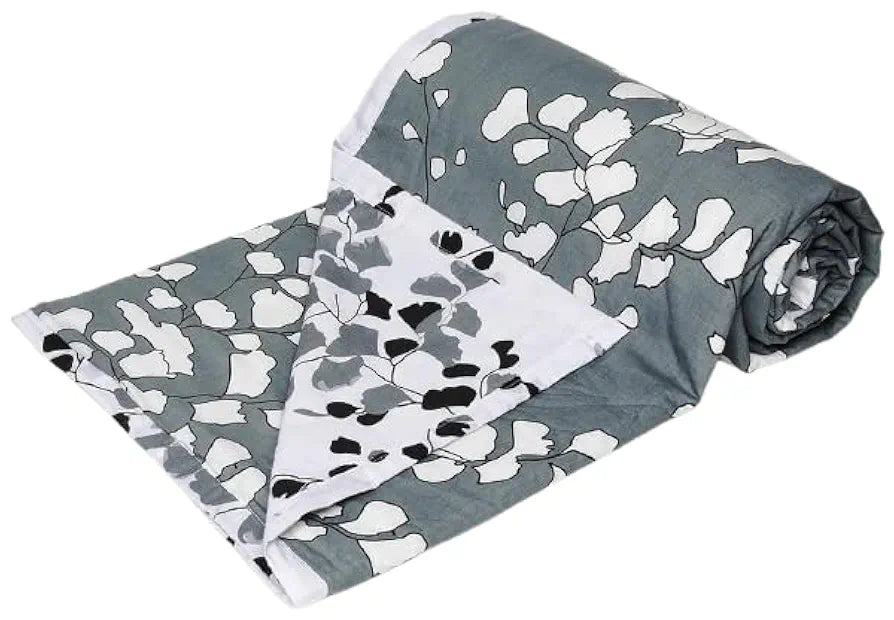Trance Home Linen Pure Cotton Reversible Dohar Toddler Size Cotton AC Quilt for Babies Colour Grey White Leaves Abstract