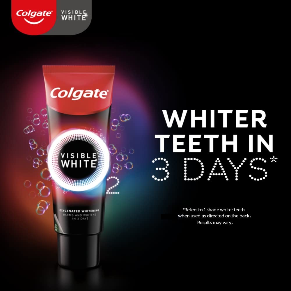 Colgate Visible White O2, Teeth Whitening Toothpaste, Peppermint Sparkle, 50g & Colgate 360 Whole Mouth Clean Toothbrush - 4 Pcs (Buy 2 Get 2 Free)