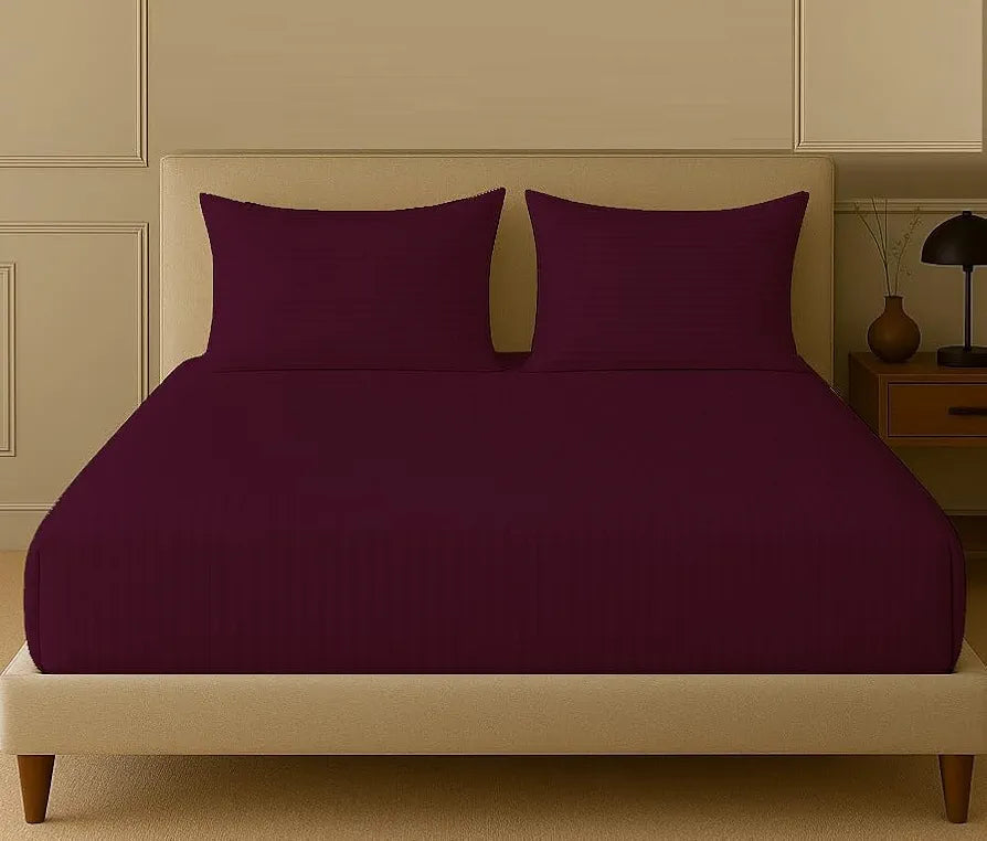 Trance Home Linen 100% Cotton 78x66 inch 200TC Satin Stripe Elastic Fitted Bedsheet Daily Use Double Bed Fitted Bedspread with 2 Pillow Covers Colour Deep Wine