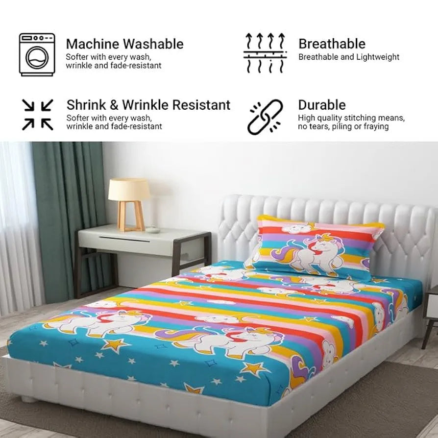 Fresh From Loom Glace Cotton Wrinkle Free Soft Cartoon Printed Single Size Bedsheets With 1 Pillow Covers 144 tc Multicolor Unicorn Multicolor