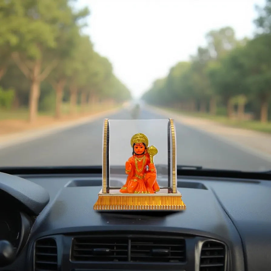 Golden and Orange Hanuman Ji Idol in Glass Box for Car Dashboard