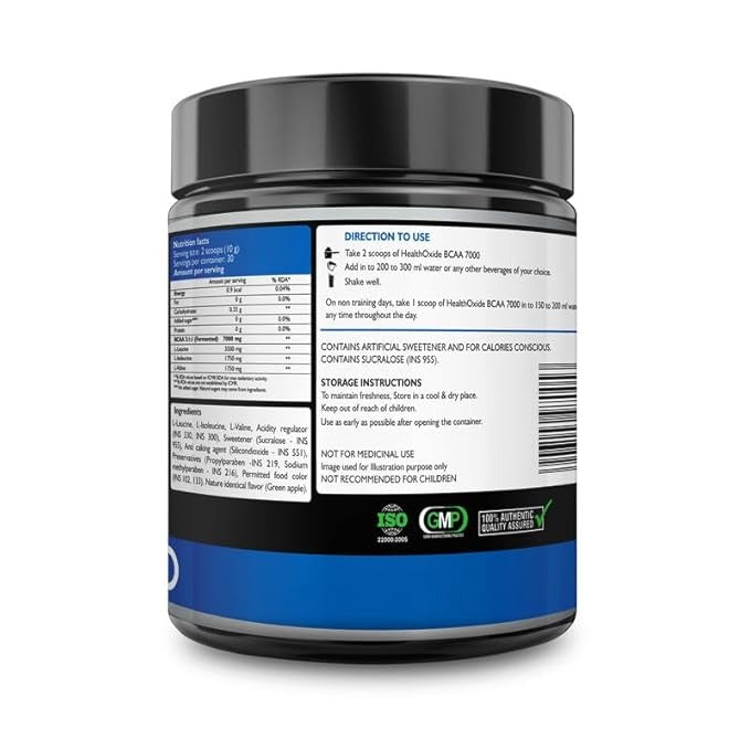 HealthOxide BCAA 7000 Amino Acid Instantized 2:1:1 POWDER Green Apple - - 300 gms
