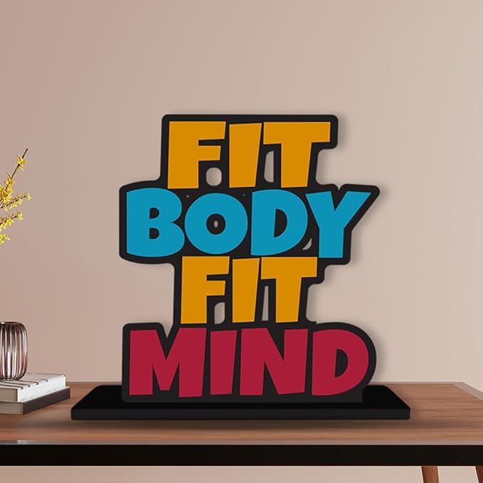Artvibes Wooden Idols and Figurine Fit Body Fit Mind Fitness Positive Quotes Table Decor for Office Desk Showpiece