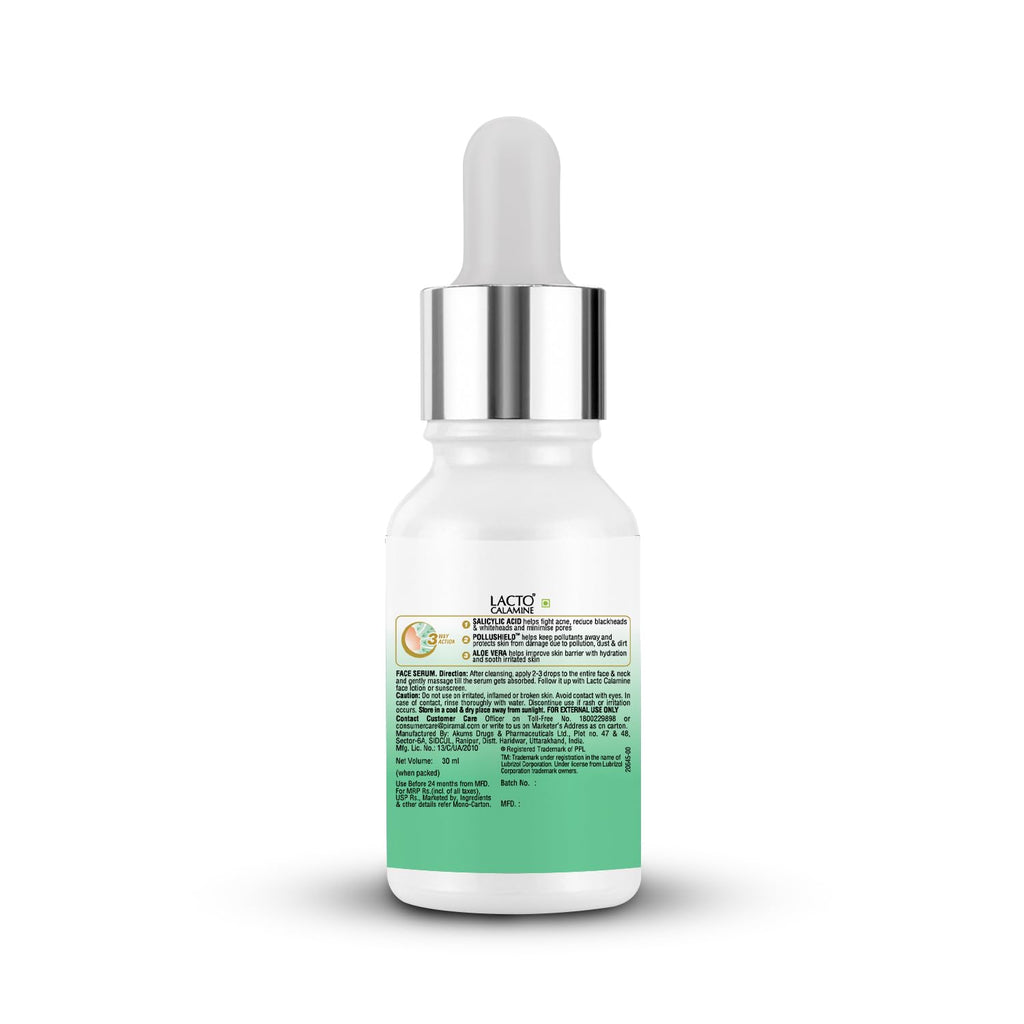 Lacto Calamine 2% Salicylic Acid Face Serum | 30ml | Face Serum For Acne, Blackheads, Oil control, Open Pores & Clear Skin | Dermatologically Tested & Fragrance Free