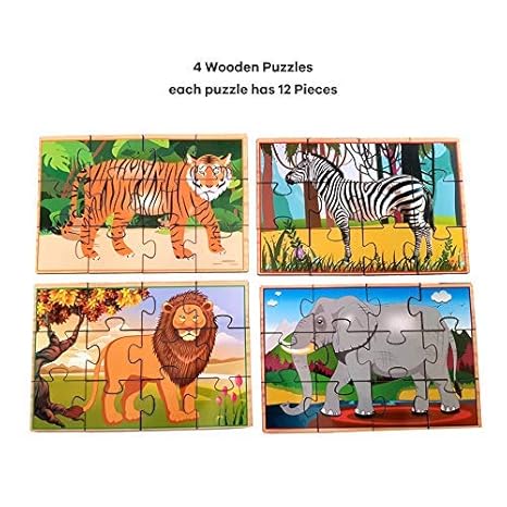 Skillofun Wooden Animal Jigsaw Puzzles in a Box 4 Puzzles Storage Box with Lid