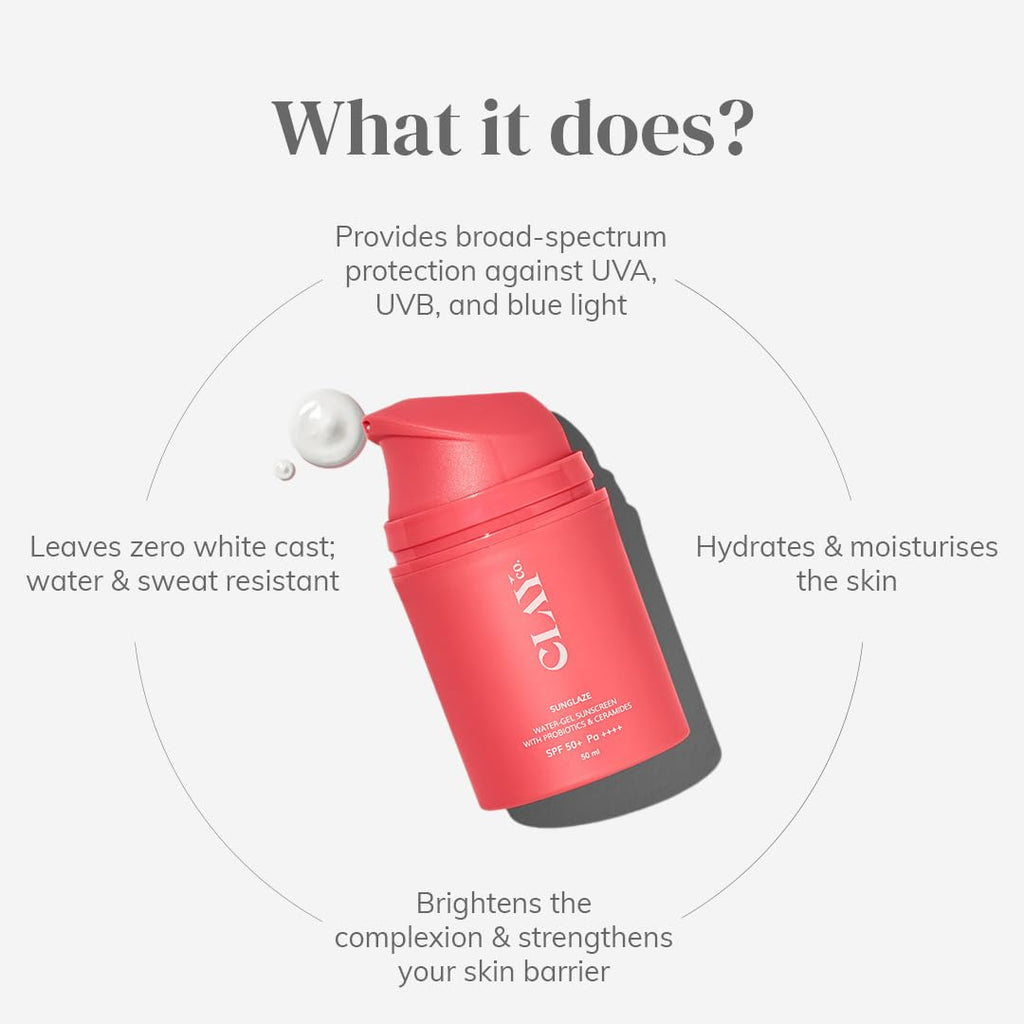 Clayco Sunglaze Sunscreen SPF 50 PA++++ | Probiotic & Ceramide Infused Sun Screen | Lightweight, Non-Greasy | UVA, UVB & Blue Light Protection | Hydrating, Brightening