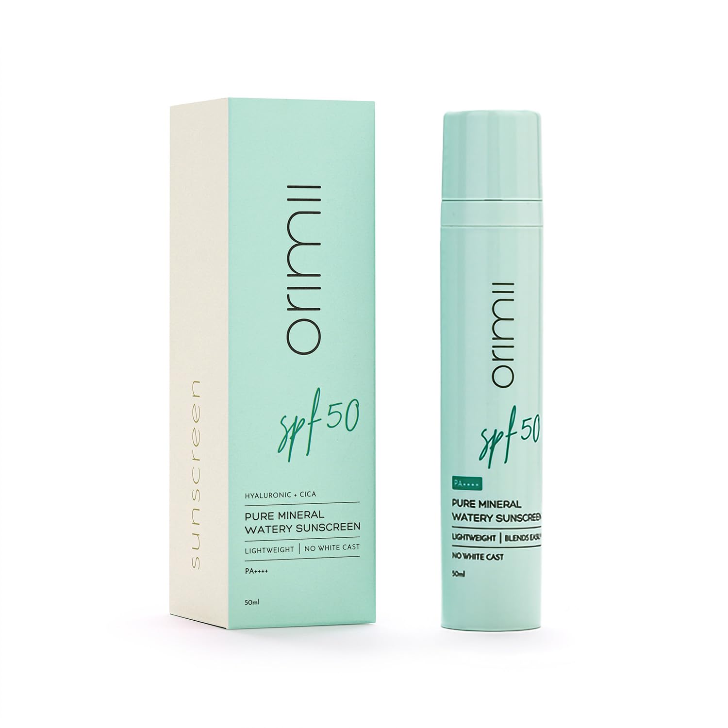 Orimii 100% Pure Mineral Fluid Sunscreen SPF 50| Super Lightweight, Zero White Cast & Blends Easily on Skin | With Zinc Oxide & Hyaluronic Acid | Fragrance Free, Non Comedogenic & Pregnancy Safe 50ml