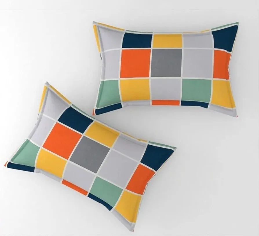 The Home Style Cotton Feel Glace Cotton Checkered Printed King Size Double Bed Bedsheet With 2 Pillow Cover 300 TC Vibrant Checks