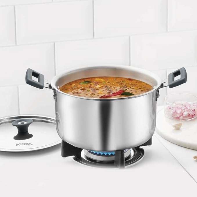 Borosil Cookfresh Tri-ply Stainless Steel Cook & Serve Casserole With Lid | Induction Friendly | 2.2 Litres | 18 Cm