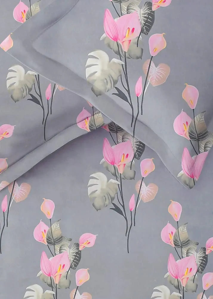 Homekart Premium Cotton Elastic Fitted Bedsheets with 2 King Size Pillow Covers Double Bed Flower Print Pink and Grey 200 tc 220 tc Pink & Grey