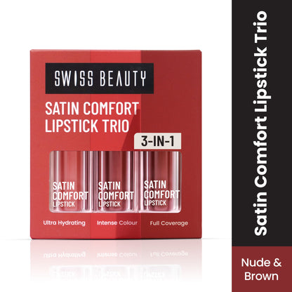 Swiss Beauty Satin Comfort Lipstick Trio 3-In-1 Combo - Nude And Brown