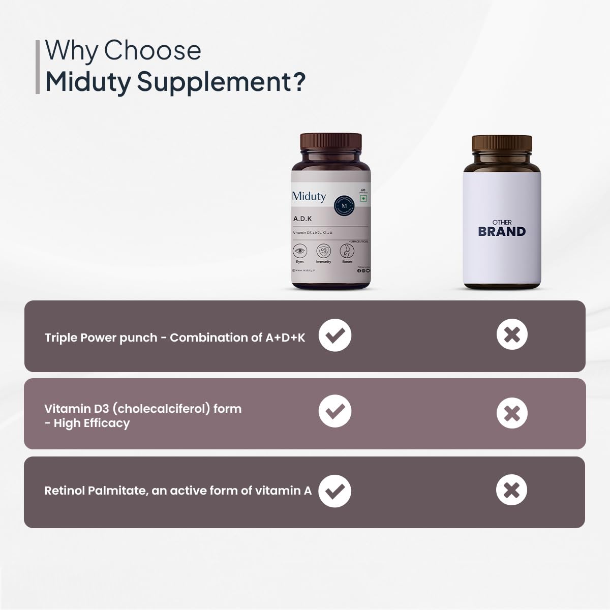 Miduty by Palak Notes Vitamin ADK, Vitamin D3 and K2 Supplements, Cholecalciferol Vitamin D3, Boost Immunity, Stronger Bones, Vitamin ADK Supplement, Immunity Booster Capsule - 60 Capsules