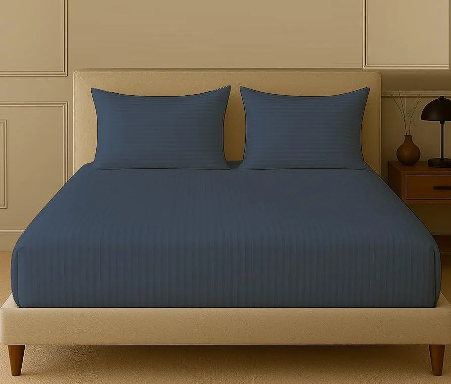 Trance Home Linen 100% Cotton 78x66 inch 200TC Satin Stripe Elastic Fitted Bedsheet Double Bed Fitted Bedspread with 2 Pillow Covers Colour Mediterranean Blue