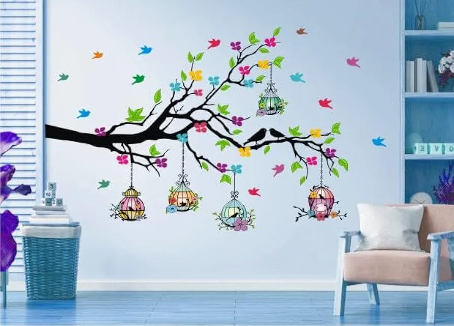 Heaven Decors Vinyl Self-Adhesive Natural Tree with Birdcage & Birds Flying Wall Sticker,Multicolour