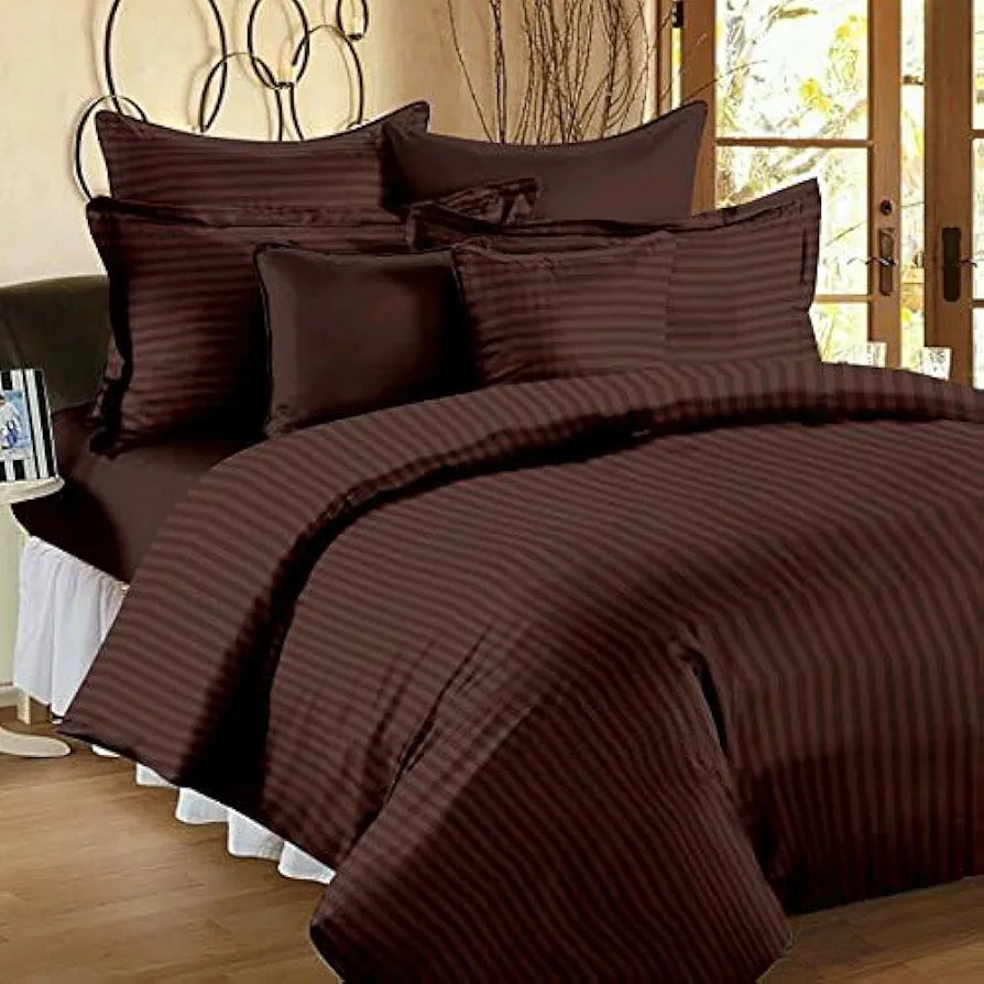Purav Light Microfiber Flat Double Bed Bedsheet Plain Striped Cotton Bedsheet with 2 Pillow Covers for King Size Bed 340 TC Breathable Wrinklefree Coffee Color