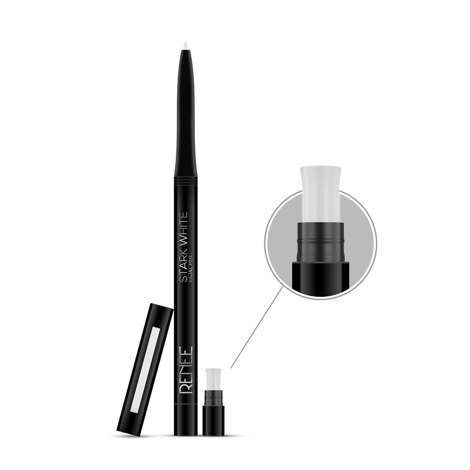 RENEE Kajal Pen with Sharpener - Stark White | 24 Hrs Stay | Long Lasting Kohl Pencil | Matte Finish | Rich Color Payoff | Smudge & Waterproof | One Swipe Application Formula | 0.35gm