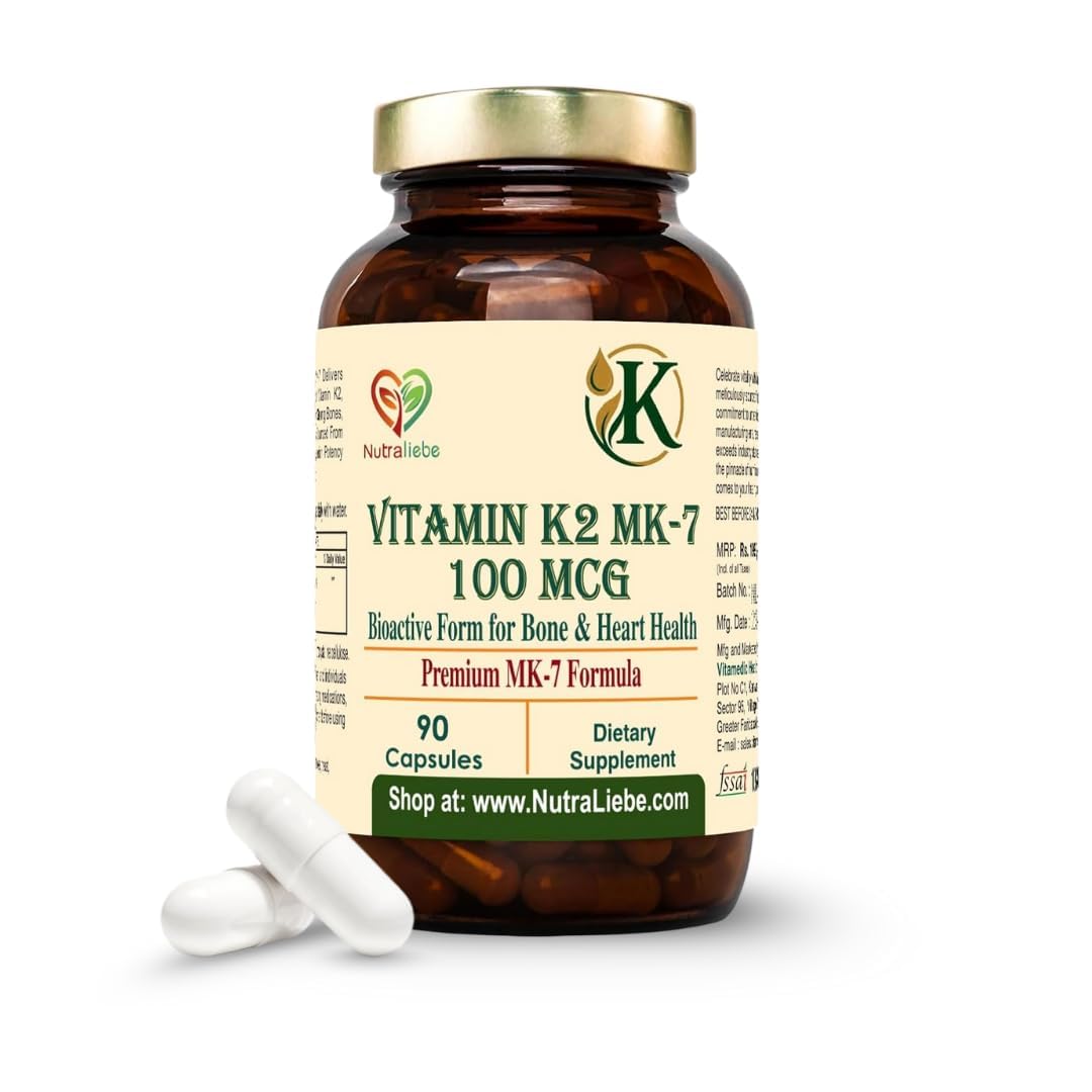Nutraliebe Vitamin K2 (as MK-7 Menaquinone-7) â€“ High Bioavailability Formula for Bone Strength, Calcium Absorption & Heart Health | Supports Arterial Flexibility | 90 Veg Capsules | Non-GMO & Gluten-Free