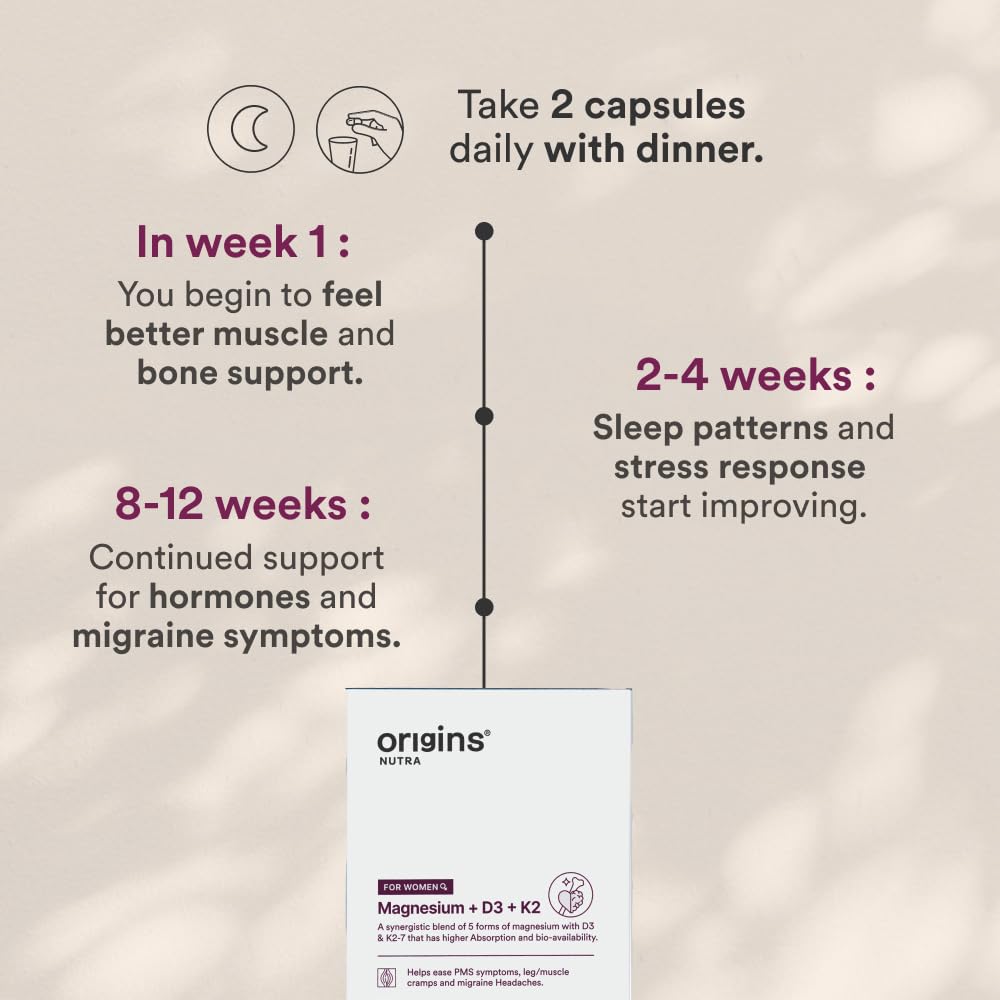 Origins Nutra 5-in-1 Magnesium + D3 + K2 for Women | 100% RDA of Magnesium, D3 & K2 | 56 Veg. Capsules | Supports Hormonal Balance & Bone Health | Relieves Migraines & Leg Cramps | GMP Certified | Pack of 1