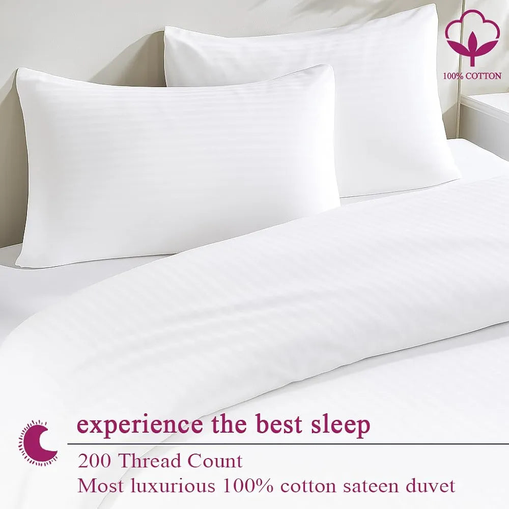 Trance Home Linen Zippered 100% Cotton 200 TC Satin Stripe Queen Duvet Cover Quilt Cover with 2 Pillow Covers Colour White