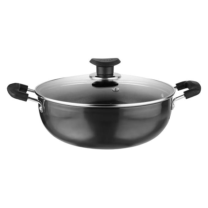 Vinod Hanos Hard Anodised Non Stick Deep Kadhai with Glass lid - 4.1 Litre, 26 cm | 3.25mm Thick | 5X Non Stick