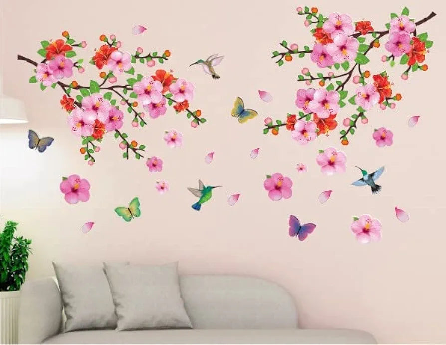Heaven Decors Vinyl Branches with Flowers and Birds Flying Large Peel and Stick Wall Sticker Multicolour