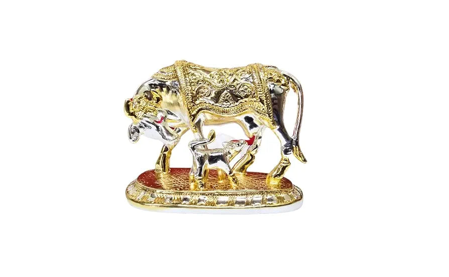 Gold Art India Om Kamdhenu Cow with Calf for Gold & Silver Plated - 4 inch